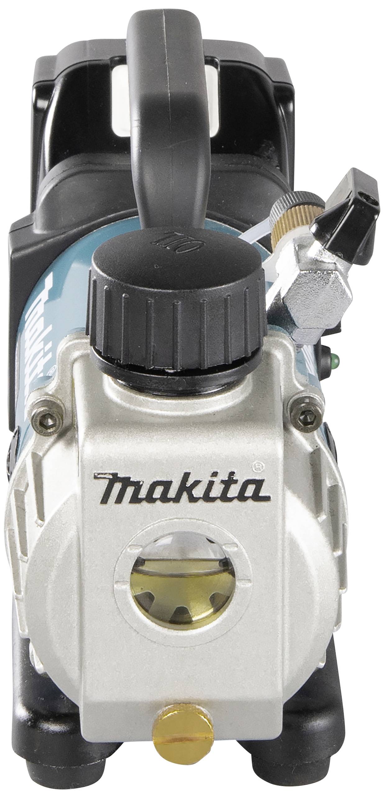 Compacte draagbare luchtcompressor van Makita, zijaanzicht van voren, behuizing in zilverkleur, zwarte handgreep en ventiel.