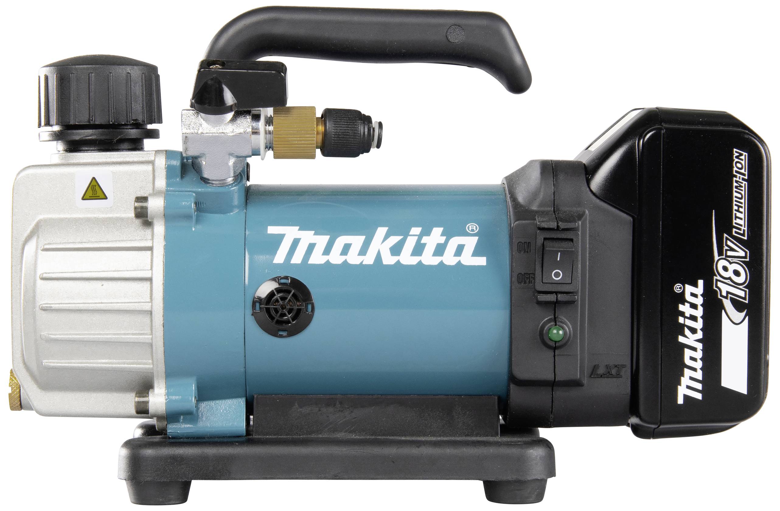 Draagbare Makita pomp met handgreep en accu, blauw en zwart. Voorkant toont ventiel, schakelaar en merklogo.