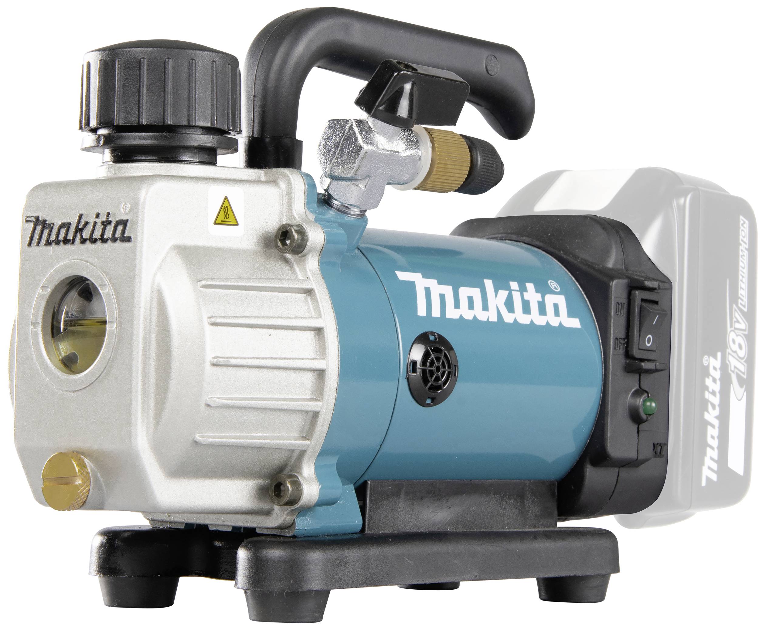 Een draagbare, draadloze compressor met een blauw-wit behuizing en zwarte handgreep.