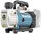 Een draagbare, draadloze compressor met een blauw-wit behuizing en zwarte handgreep.