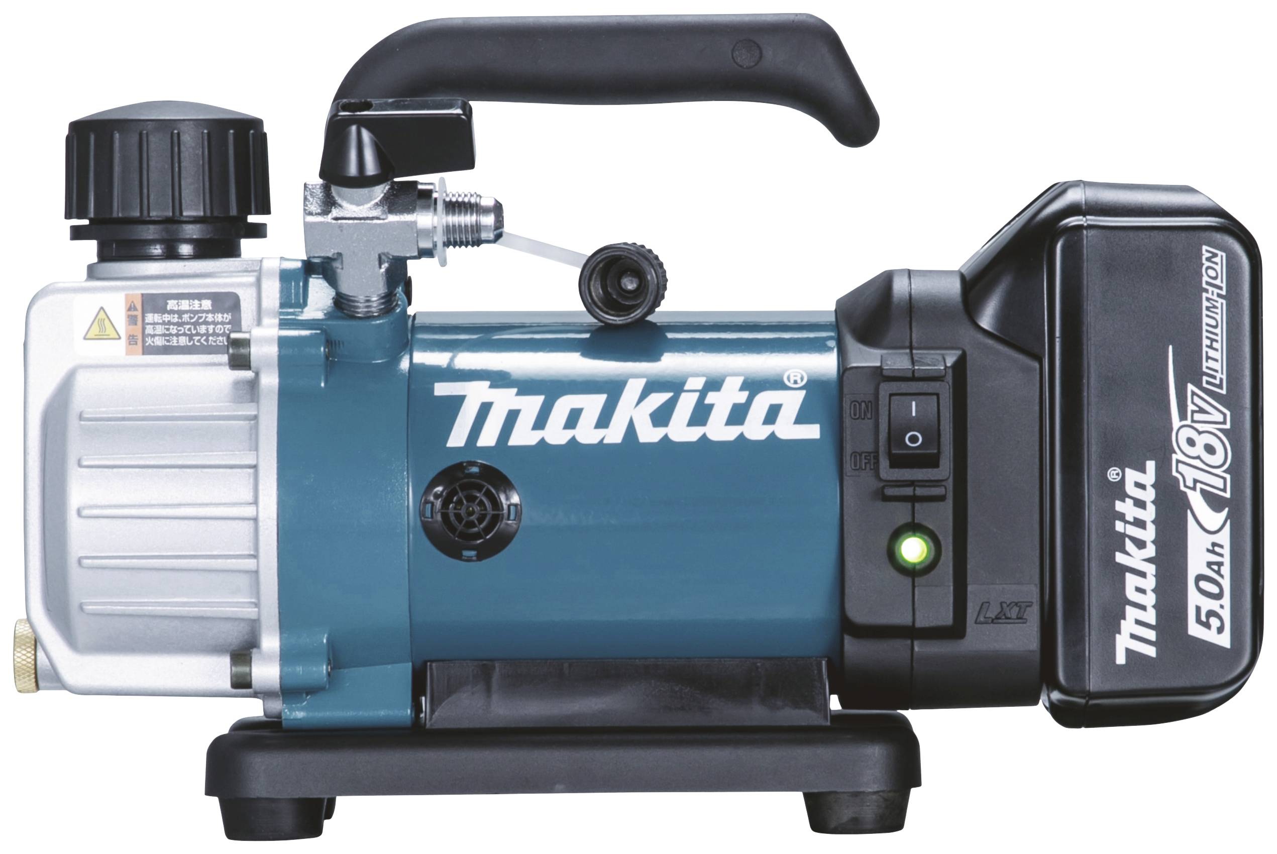 Een blauwe Makita-vacuümpomp met 18V-lithium-ion-accu en zwarte handgreep. Aan de voorzijde heeft hij een zilveren motorblok.