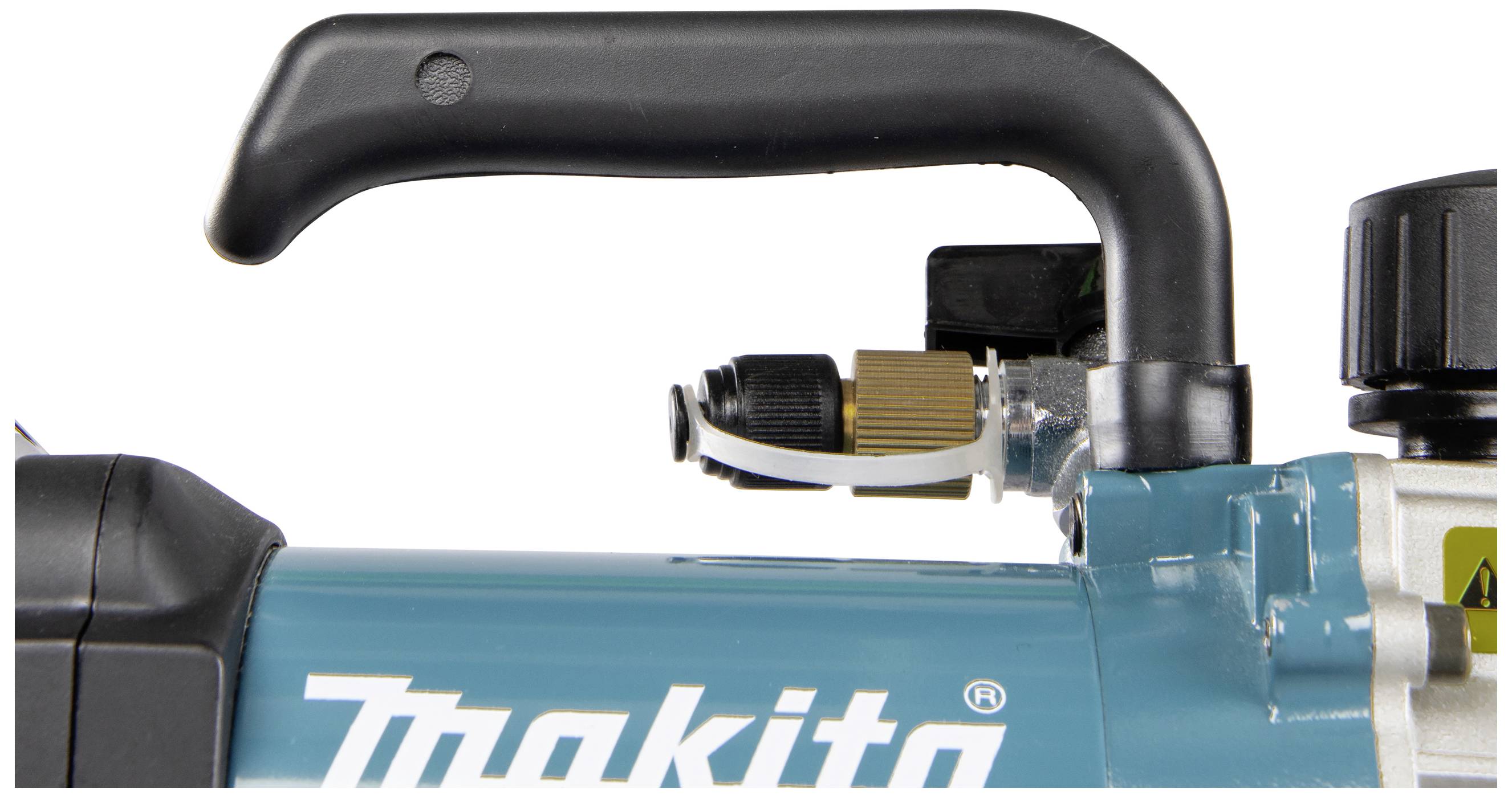 Close-up van een blauw, handzaam elektrisch gereedschap met een zwarte handgreep en het Makita-merklogo aan de zijkant.