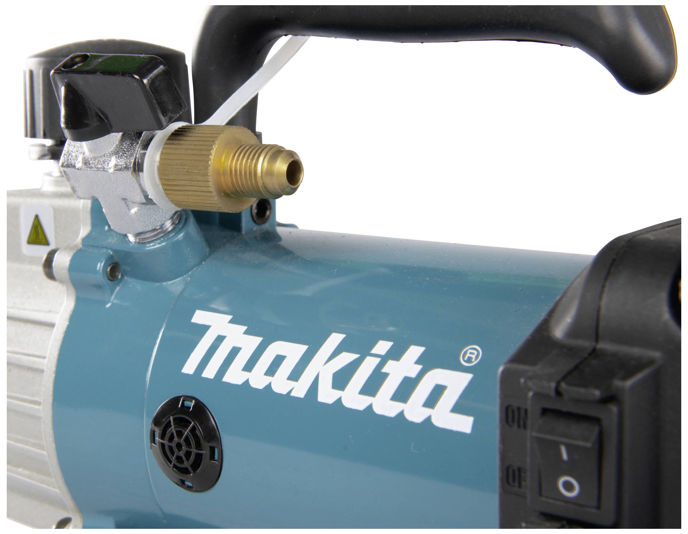 Elektrisch gereedschap met een blaue behuizing en Makita-logo. Zichtbare aan-/uitschakelaar en messing aansluiting.