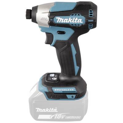 Een blauwe, draadloze Makita accuschroefmachine 18V met borstelloze motor. Zijaanzicht, toont het merkenlogo en compacte constructie.