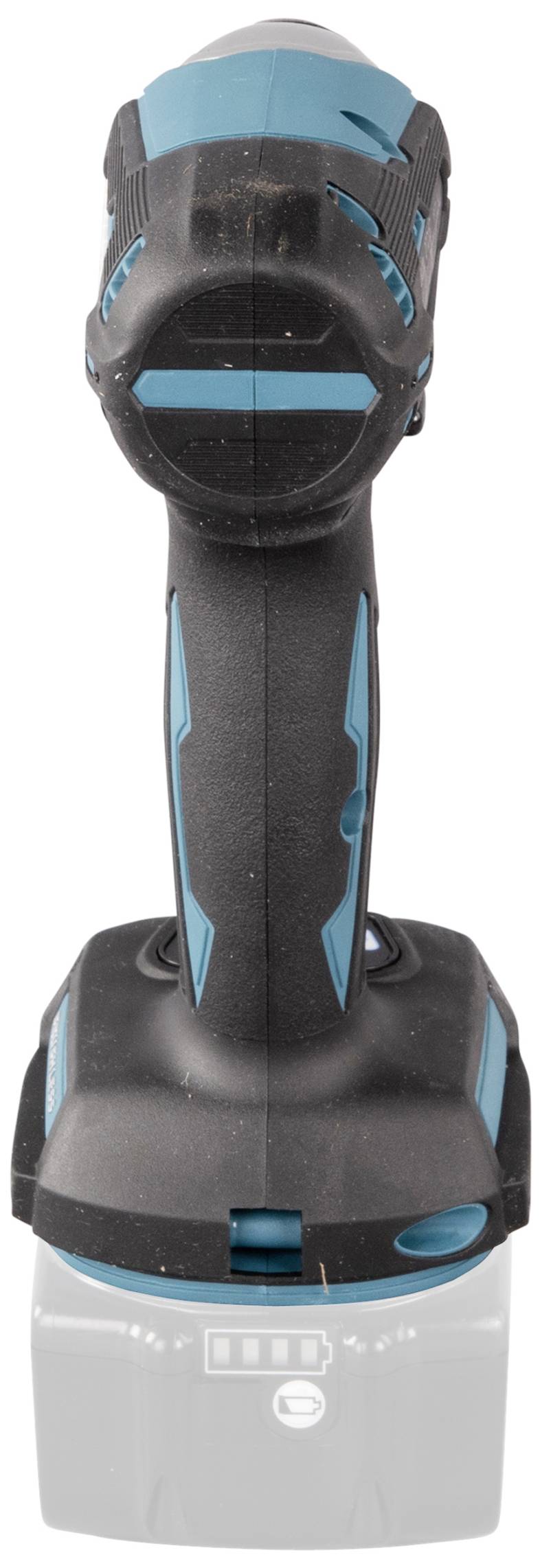 Accuschroefboormachine van bovenaf in het zwart en blauw, zonder zichtbare booraufsatz, met ergonomische handgreep en compact ontwerp.