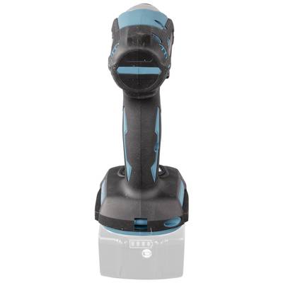 Accuschroefboormachine van bovenaf in het zwart en blauw, zonder zichtbare booraufsatz, met ergonomische handgreep en compact ontwerp.