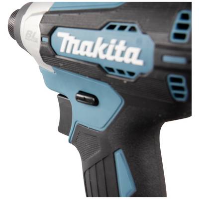 Een blauw-zwarte accuschroevendraaier van Makita. Toont handgreep en bedieningsknop in close-up.