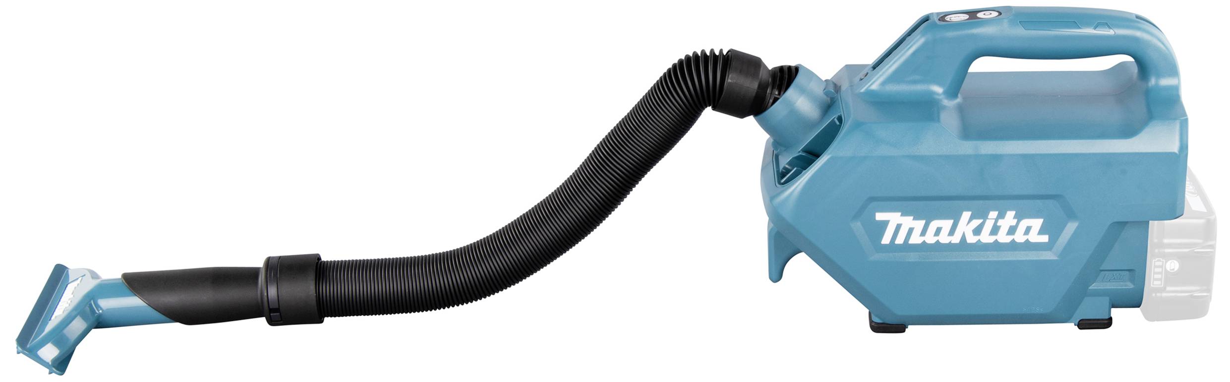 Draadloze handstofzuiger in het blauw met flexibele slang en mondstuk. Het merk 'Makita' is zichtbaar aan de zijkant.