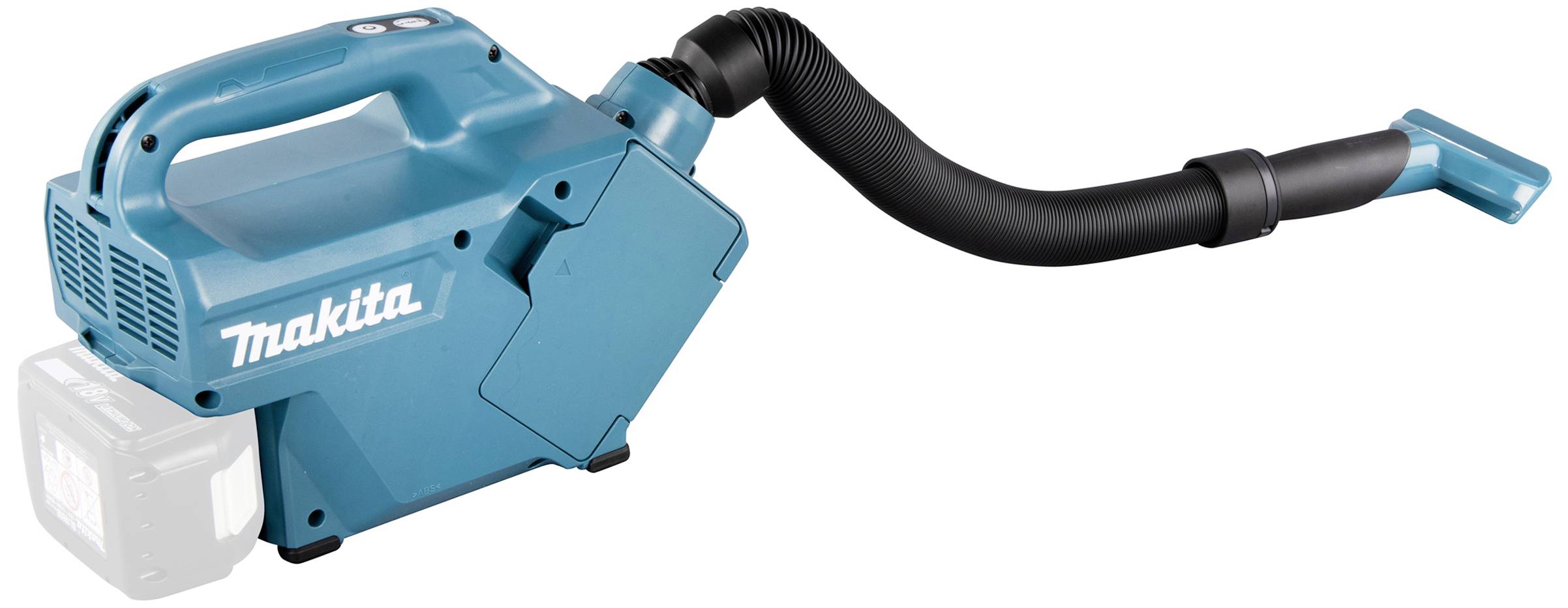 Een blauwe draagbare stofzuiger met een flexibele slang en een platte mondstuk. De fabrikantsnaam 'Makita' is zichtbaar op het apparaat.