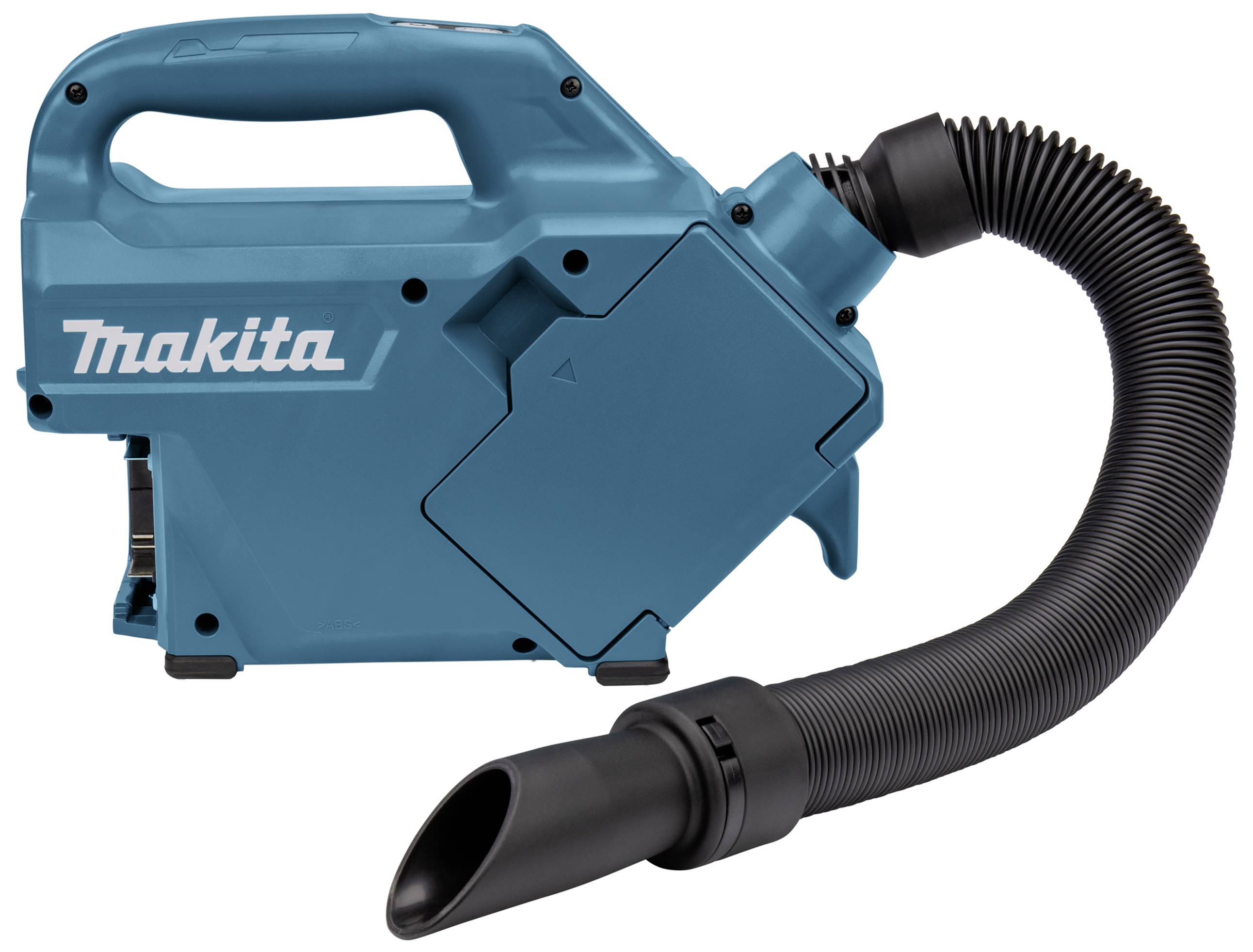 Een draagbare, blauwe stofzuiger van het merk Makita met een flexibele slang. Geschikt voor het reinigen van kleine oppervlakken en moeilijk bereikbare plekken.