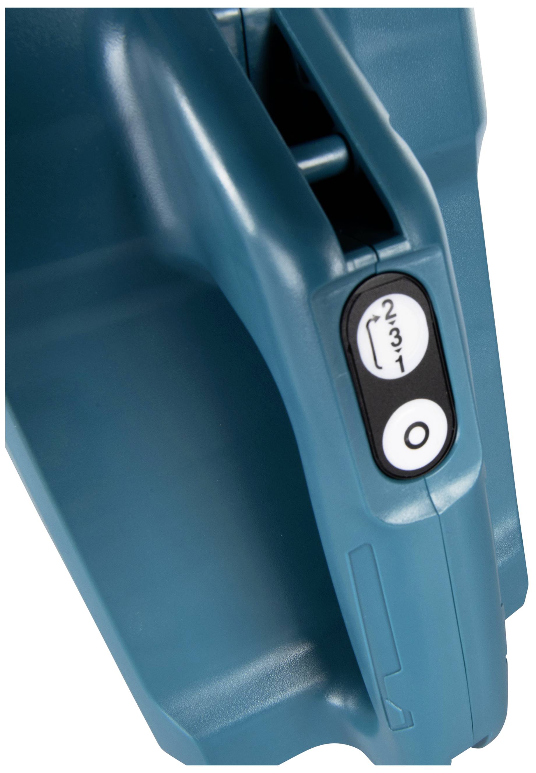 Turquoise apparaatbedekking met een zwarte schakelaar die gemarkeerd is met 'ON' en 'OFF'. Duidelijk onderdeel van een elektrisch apparaat.