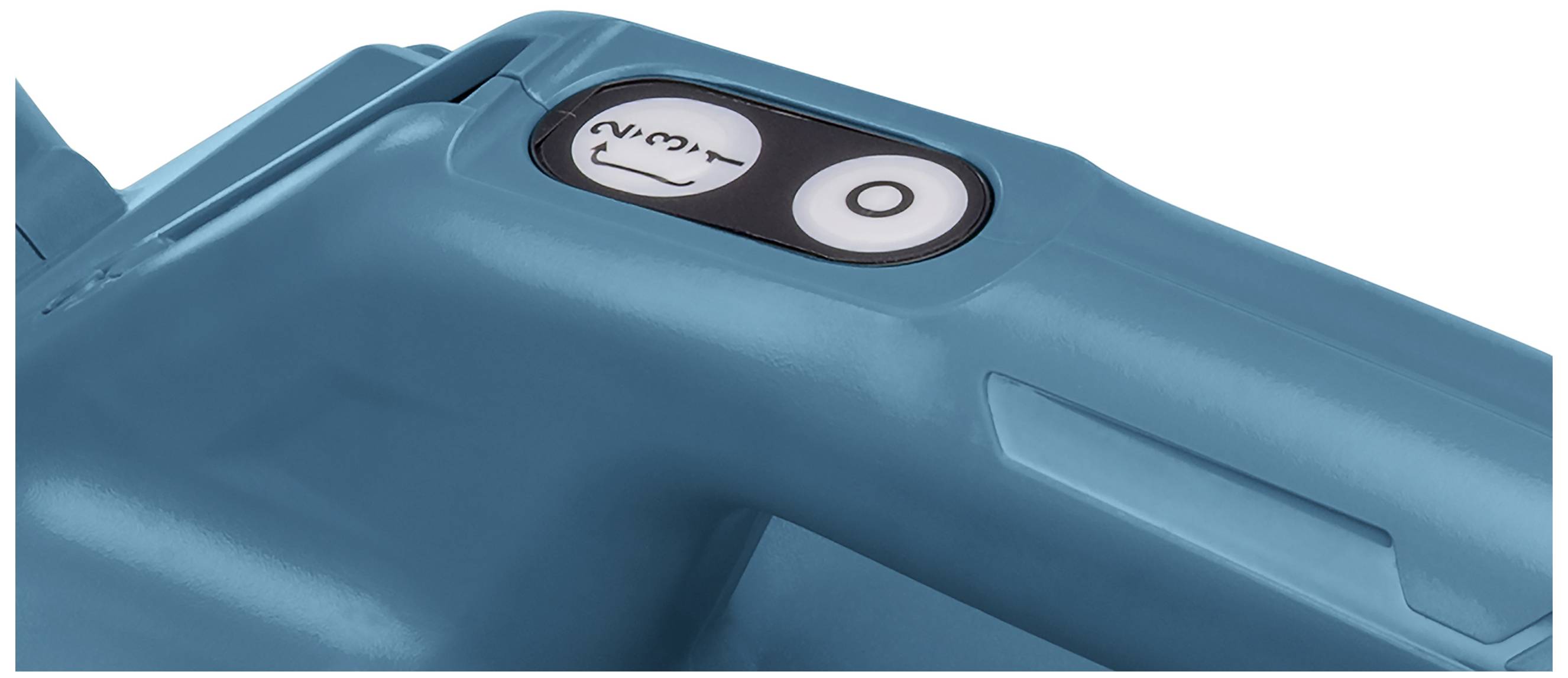 Turquoise behuizing van een apparaat met twee knoppen: Eén gemarkeerd met een open slot-symbool, de andere met een 'O'.