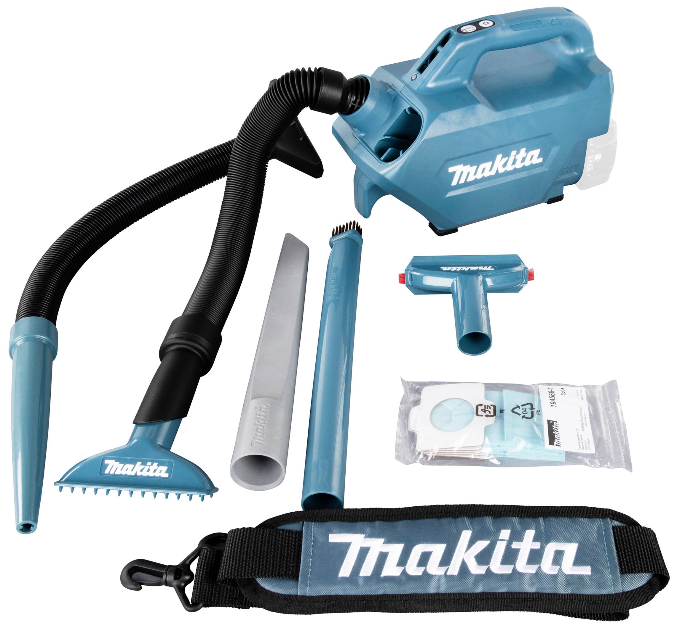 'Makita'-handstofzuigerset met verschillende mondstukken en toebehoren. Hoofdapparaat in turkoois, flexibel inzetbaar voor uiteenlopende schoonmaakwerkzaamheden.