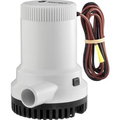 Een witte elektrische waterpomp met zwarte voet en een lang snoer, geschikt voor gebruik in boten of voor waterverwijdering.