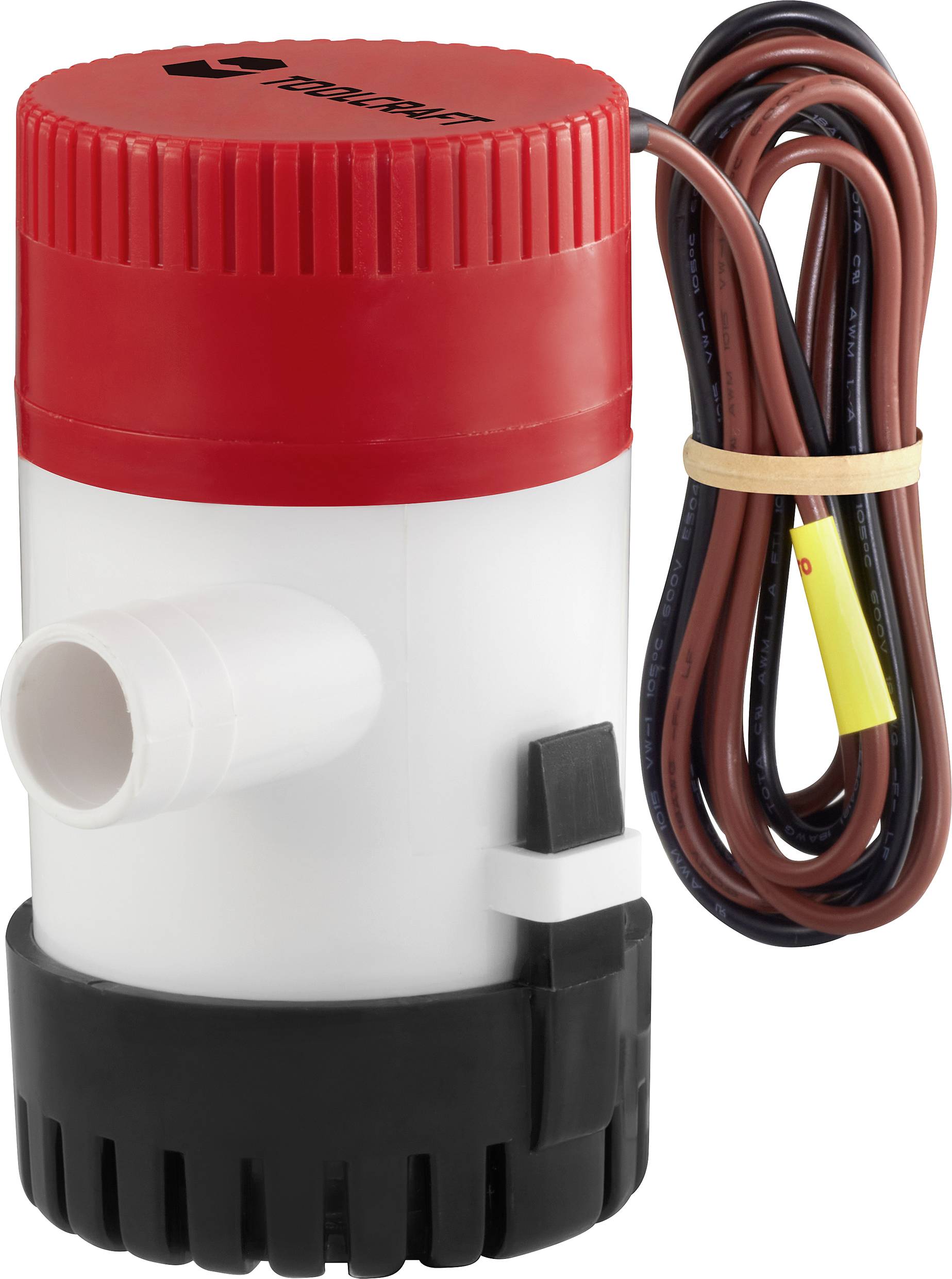 'Elektrische waterpomp met rode deksel, zwarte bodem en kabelaansluiting. Geschikt voor boten en kleine vaartuigen.'