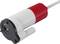 Een cilindrisch, wit-rood apparaat met kabel, waarschijnlijk een technisch onderdeel of sensor.