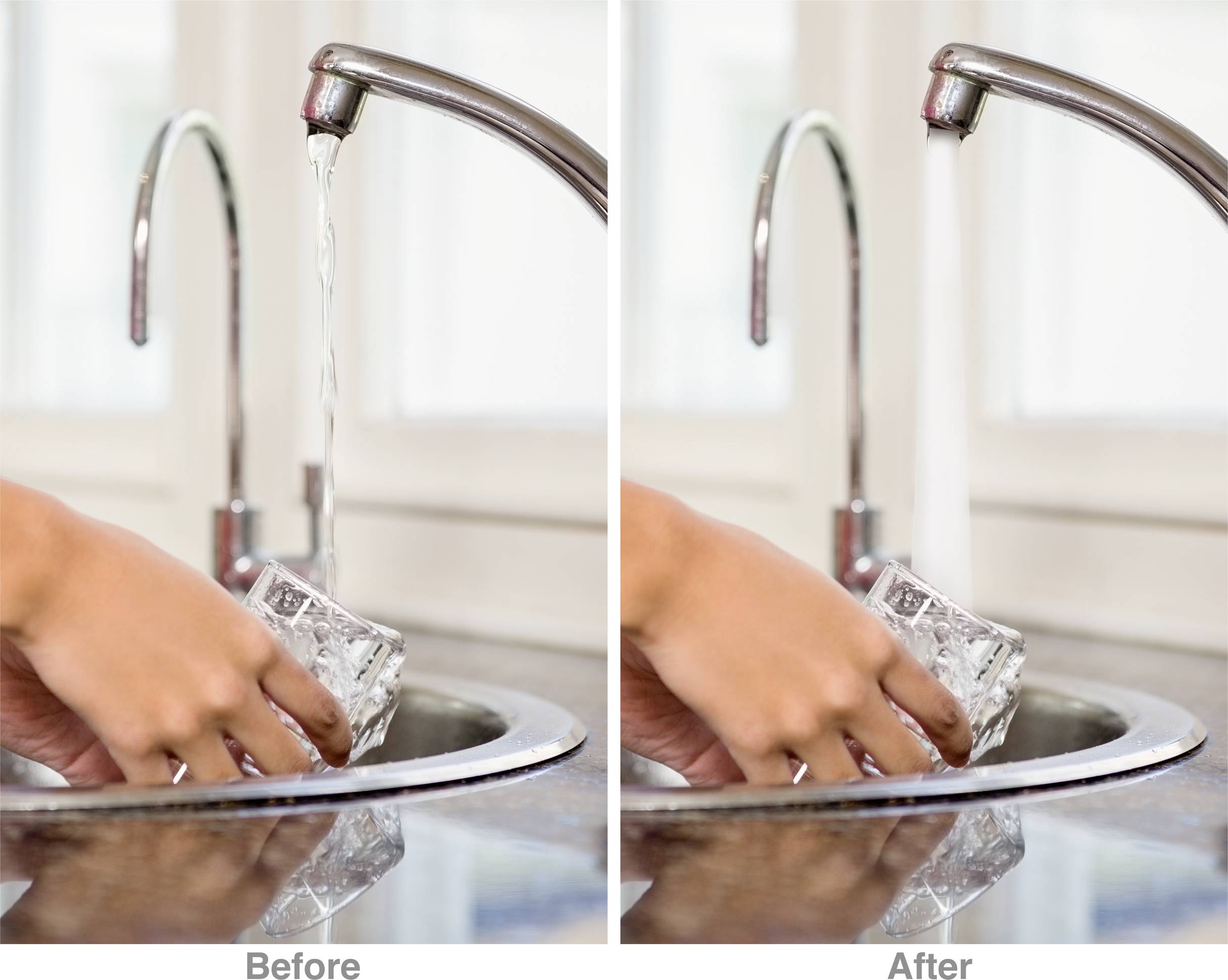 Twee beelden tonen een hand die een glas onder een waterkraan houdt. Links stroomt water, rechts is de kraan dichtgedraaid.