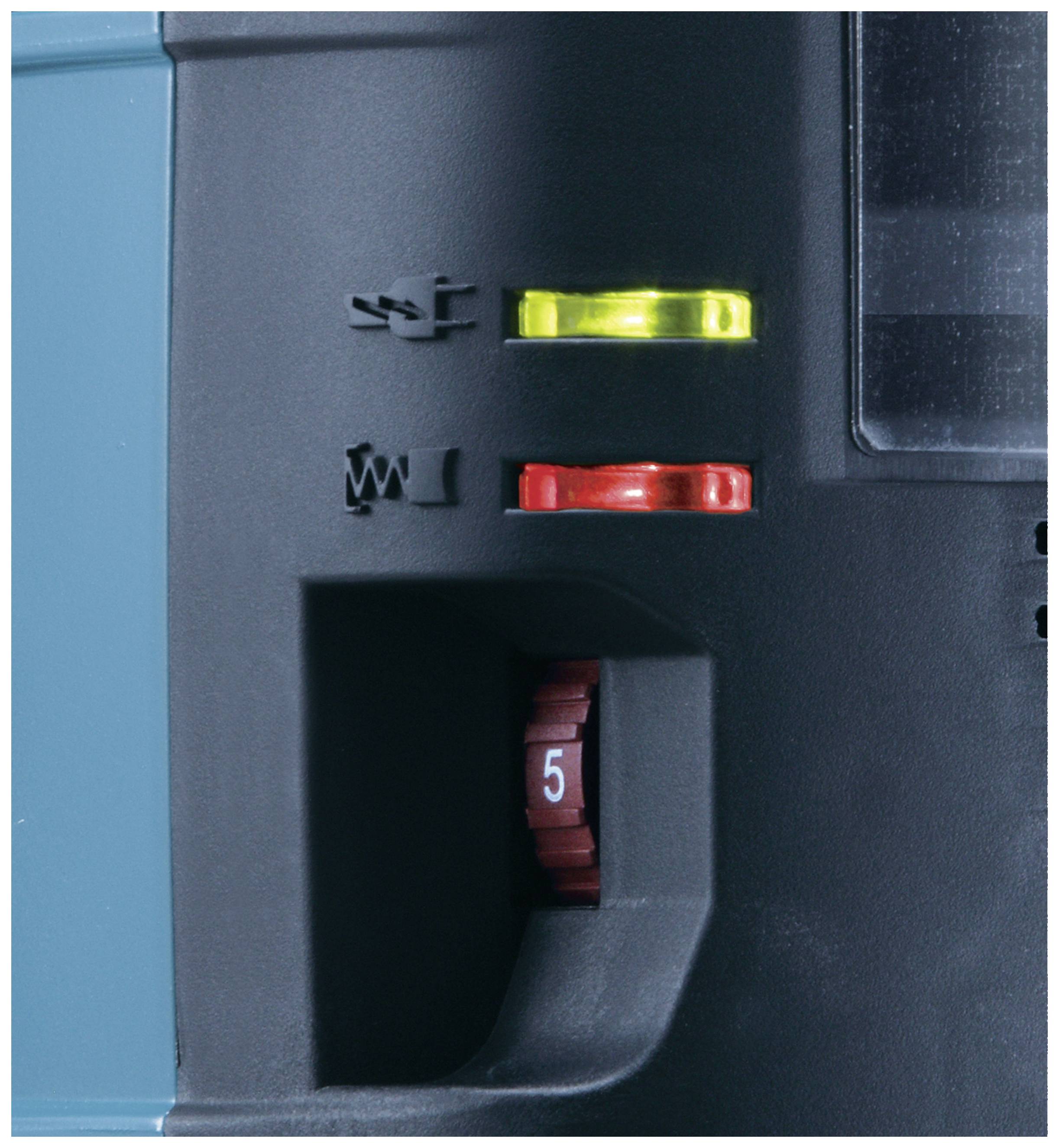 Close-up van een apparaat met een gele verlichte en een rode verlichte indicator, en een draaiknop op positie 5.