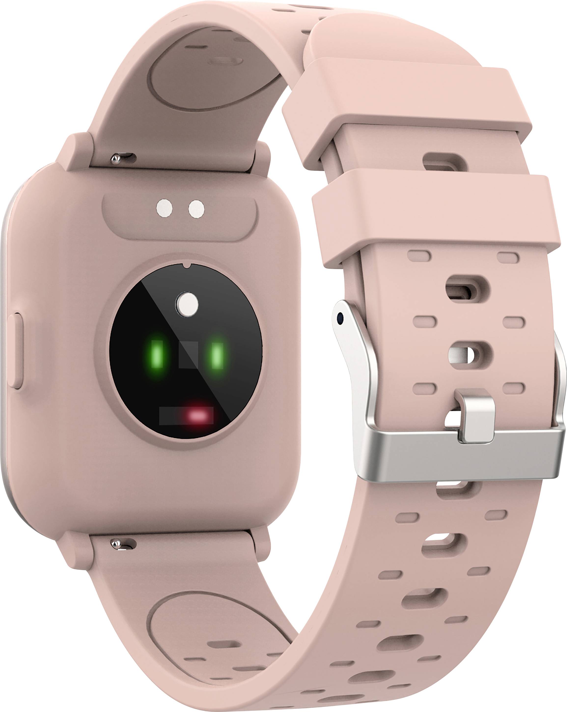Een roze smartwatch met een zilveren sluiting. Aan de achterkant zijn gezondheidsmonitoringssensoren zichtbaar.