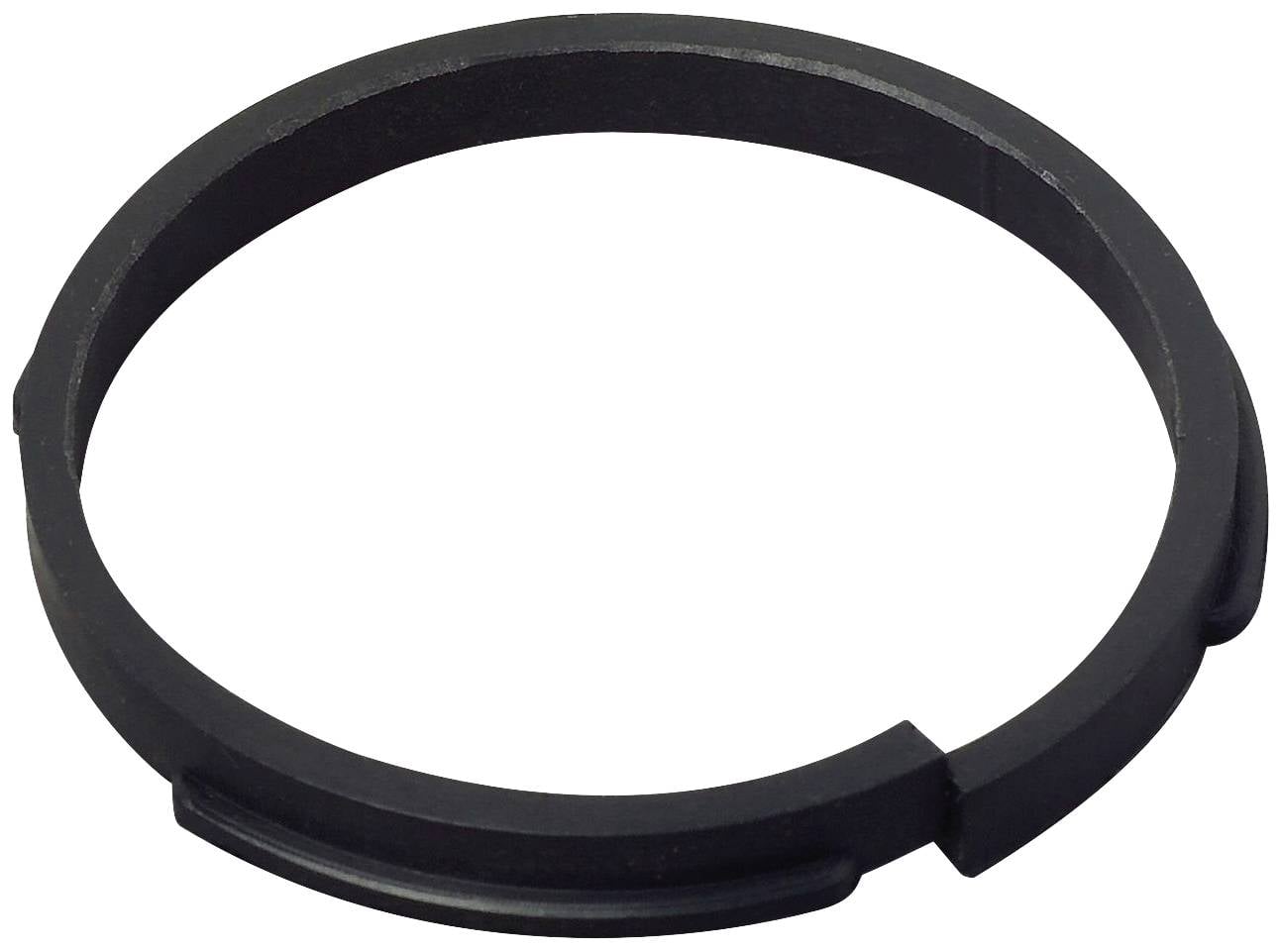 Een zwarte ring, vermoedelijk een technisch onderdeel, met een groef aan de zijkant.