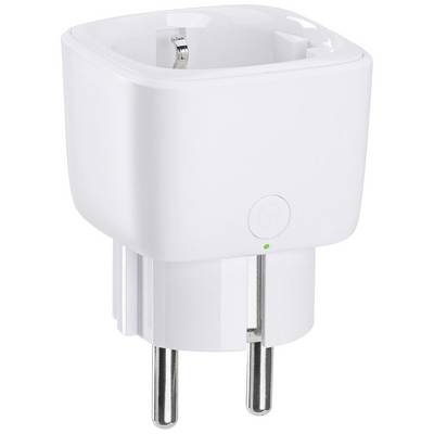 Een witte adapterstekker met een rond knopje en een klein groen lampje, geschikt voor Europese stopcontacten.