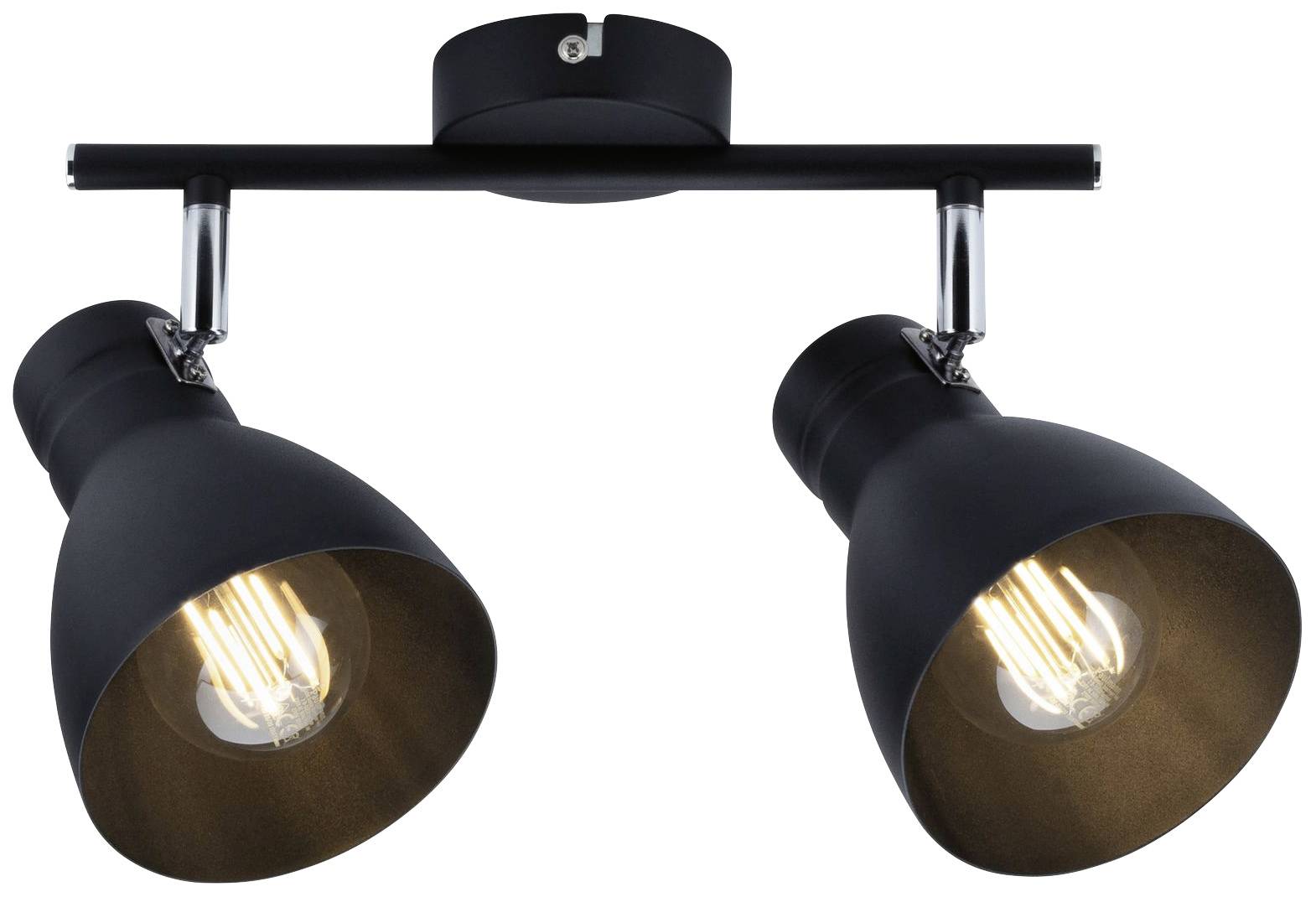 Zwarte plafondlamp met twee verstelbare spots en zichtbare gloeilampen, geschikt voor gerichte verlichting in binnenruimtes.