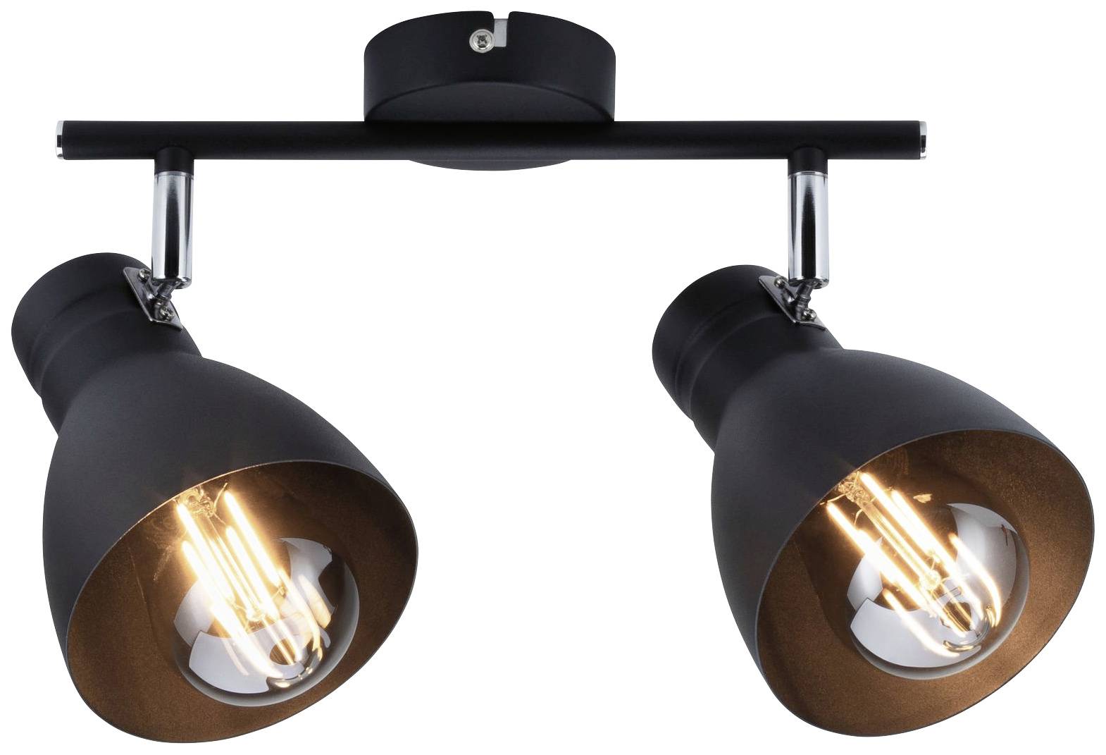 Zwarte plafondlamp met twee verstelbare lampenkappen in industriële stijl, beide lichtbronnen zijn ingeschakeld.