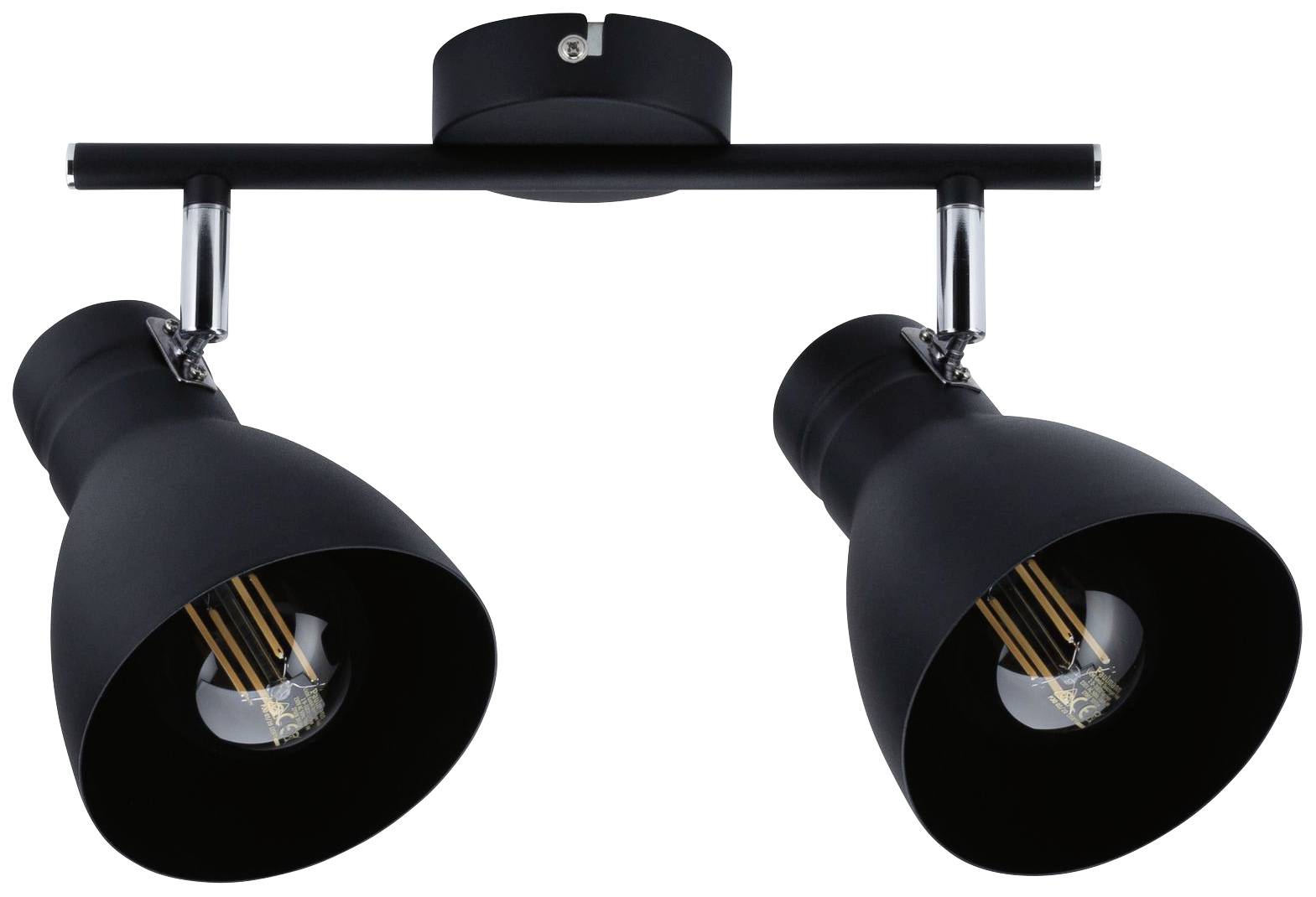 Zwarte plafondlamp met twee verstelbare spots aan een horizontale arm, geschikt voor moderne interieurs.