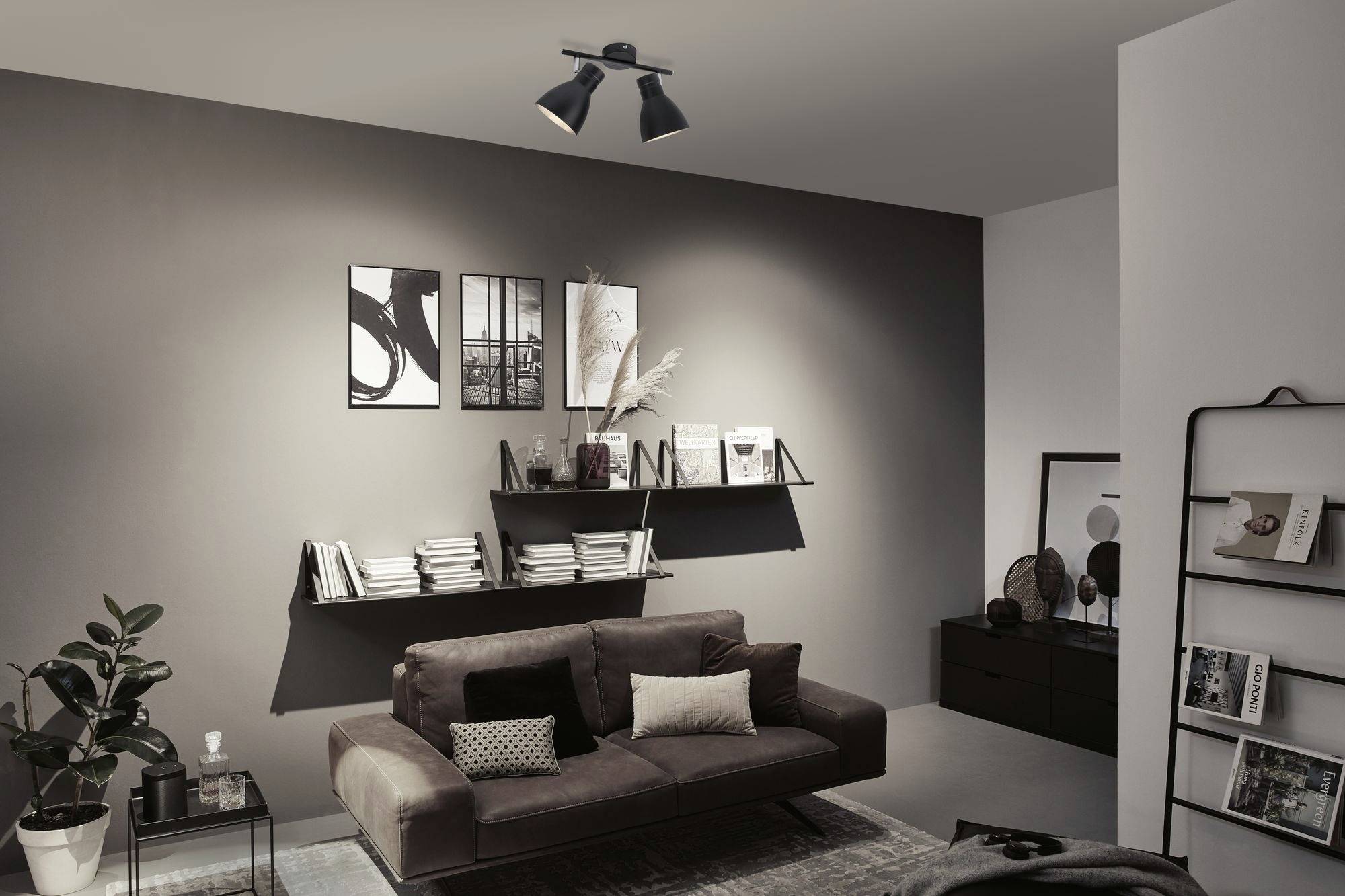 Woonkamer met bruine bank, witte muur, boekenkast en moderne zwarte plafondlamp. Plant en ingelijste kunstwerken completeren de ruimte.