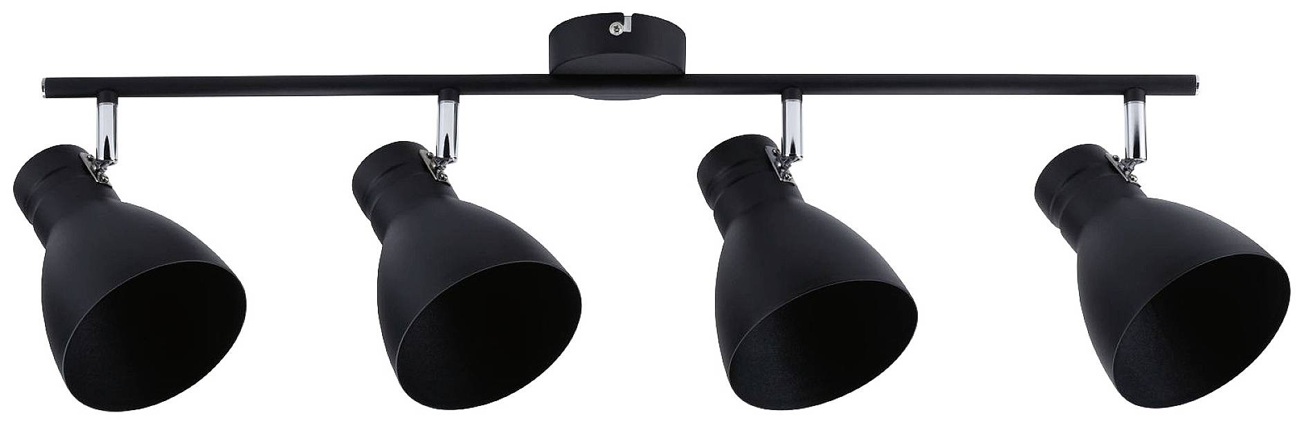 Zwarte plafondlamp met vier verstelbare spots op een horizontale rail, geschikt voor gerichte verlichting.
