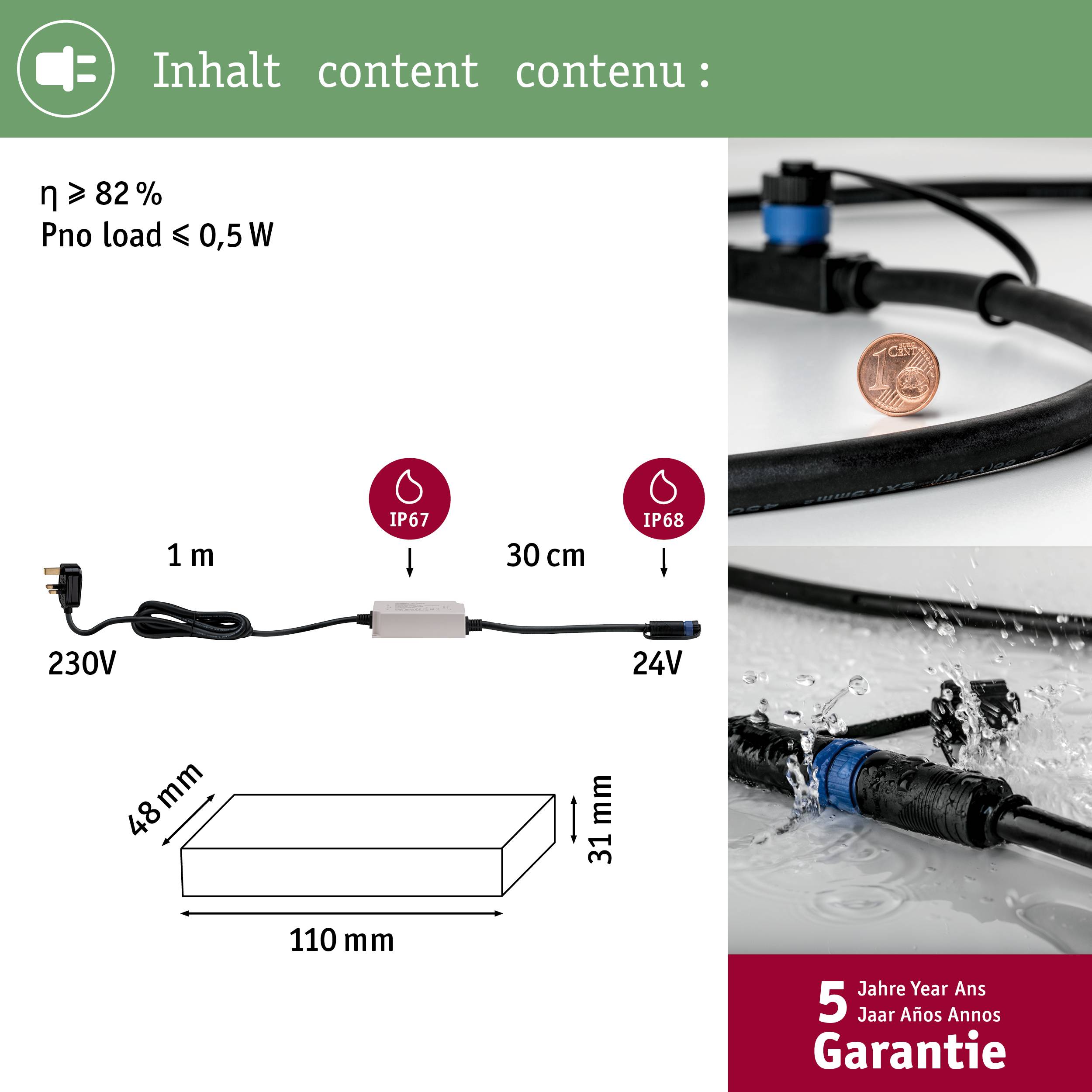 Voedingsadapter met IP67-bescherming, 230V-ingang, 24V-uitgang; inclusief 5 jaar garantie. Bevat afmetingen: 110mm x 31mm. Efficiëntie boven 82%.