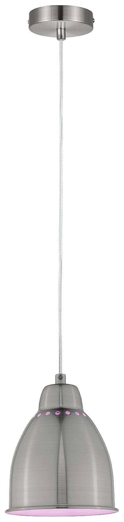 Zilveren hanglamp met roze binnenverlichting. Opgehangen aan een dun kabel, geschikt voor moderne interieurs.