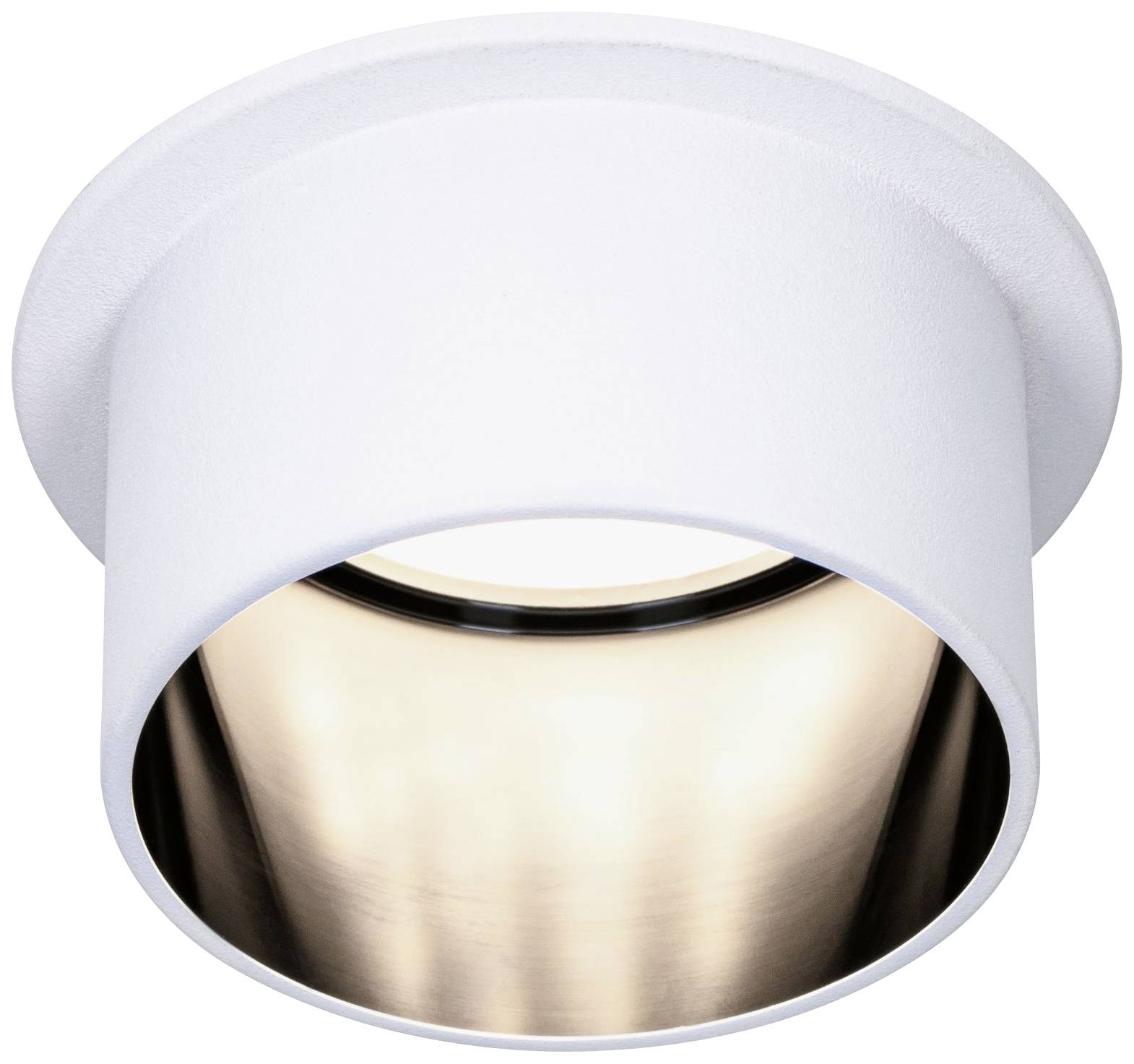 Witte ronde plafondlamp met reflecterende binnenkant, die warm licht uitstraalt. Geschikt voor moderne interieurs.