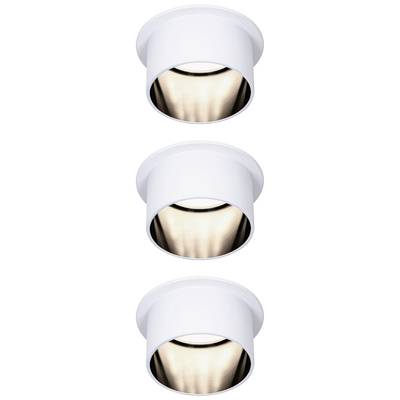Drie witte cilindrische plafondlampen, boven elkaar geplaatst, schijnend.