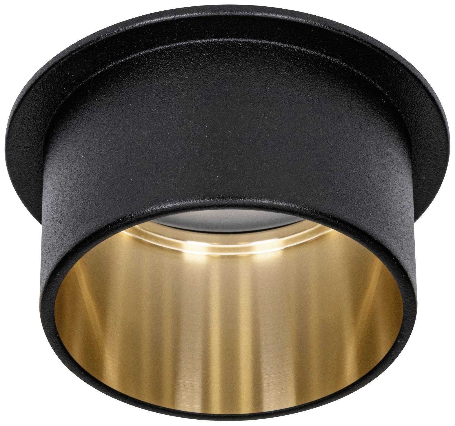 Zwarte, cilindrische plafondlamp met gouden binnenspiegel.