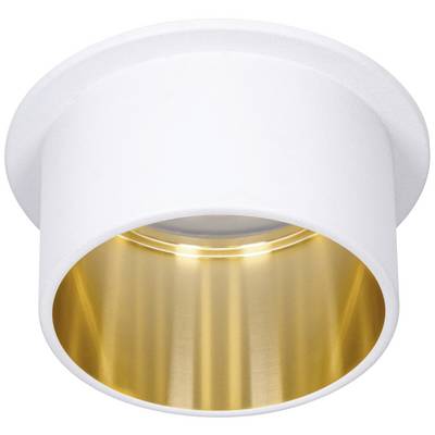 Witte cilindrische plafondlamp met gouden binnenkant. De lamp straalt naar beneden en zorgt voor gericht licht in een ruimte.