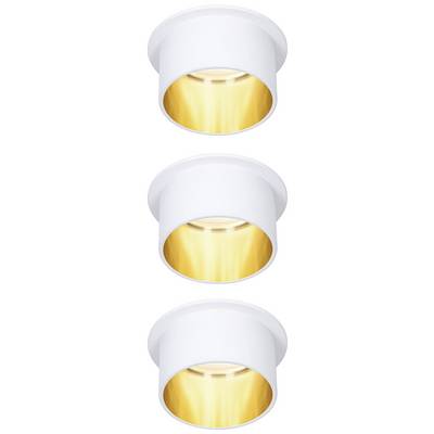Drie ronde, witte plafondlampen met gouden binnenzijde, verticaal gerangschikt. Geschikt voor moderne binnenverlichting.