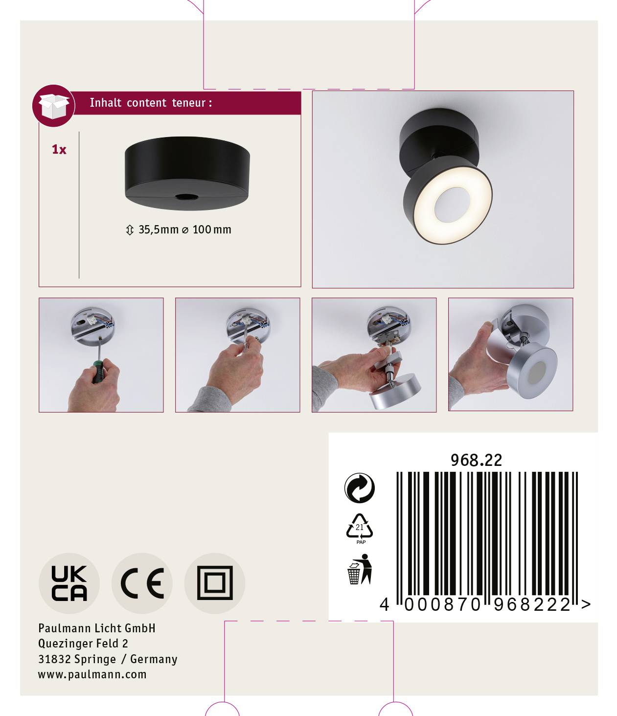 Montagehandleiding voor een plafondlamp: Lamp bevestigen, afdekking aanbrengen. Bevat barcodes en fabrikantinformatie.