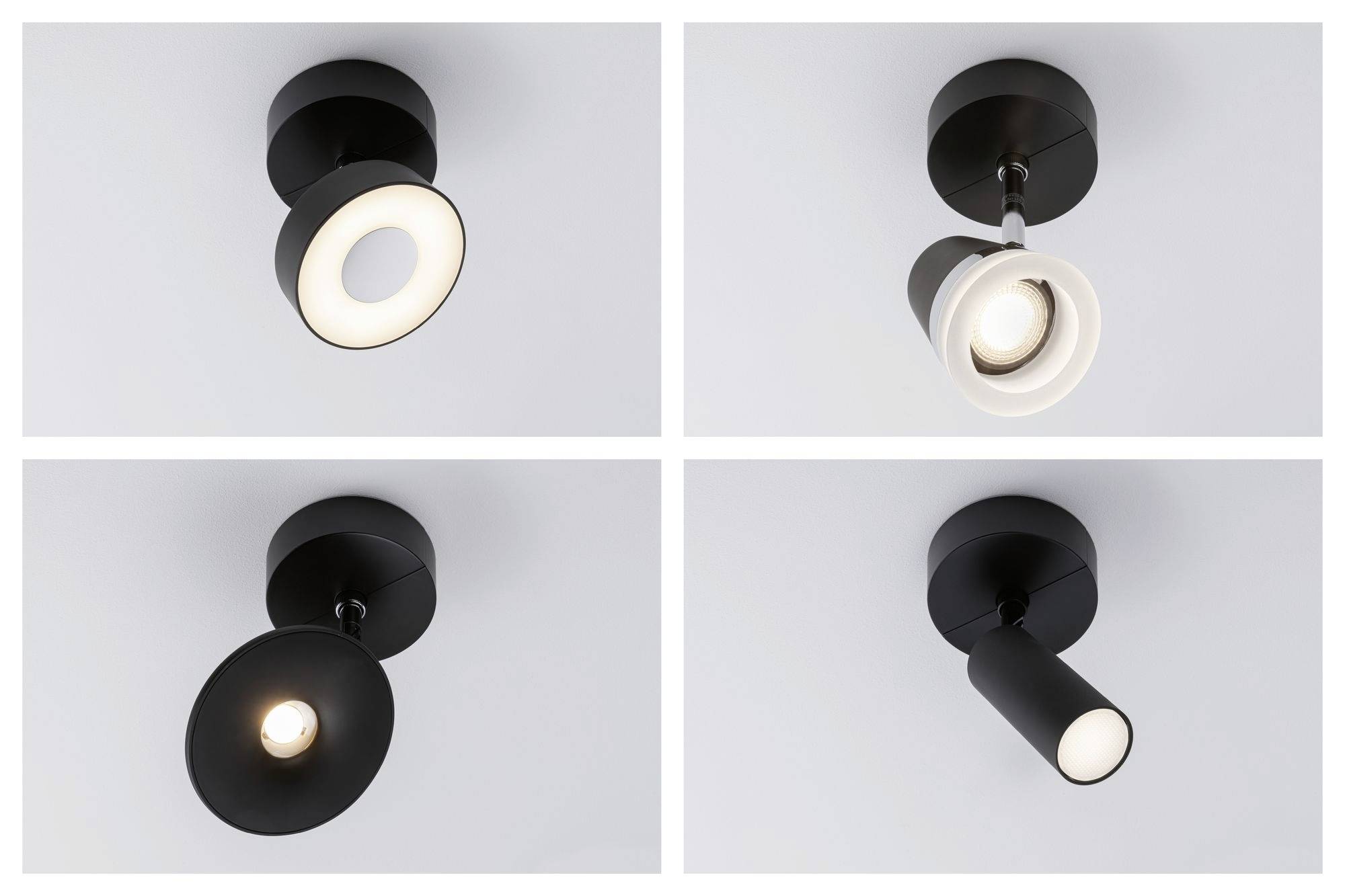 Vier zwarte plafondlampen, elk met een uniek design: rond, kegelvormig, cilindrisch en met een open ring. Allemaal gemonteerd aan het plafond.