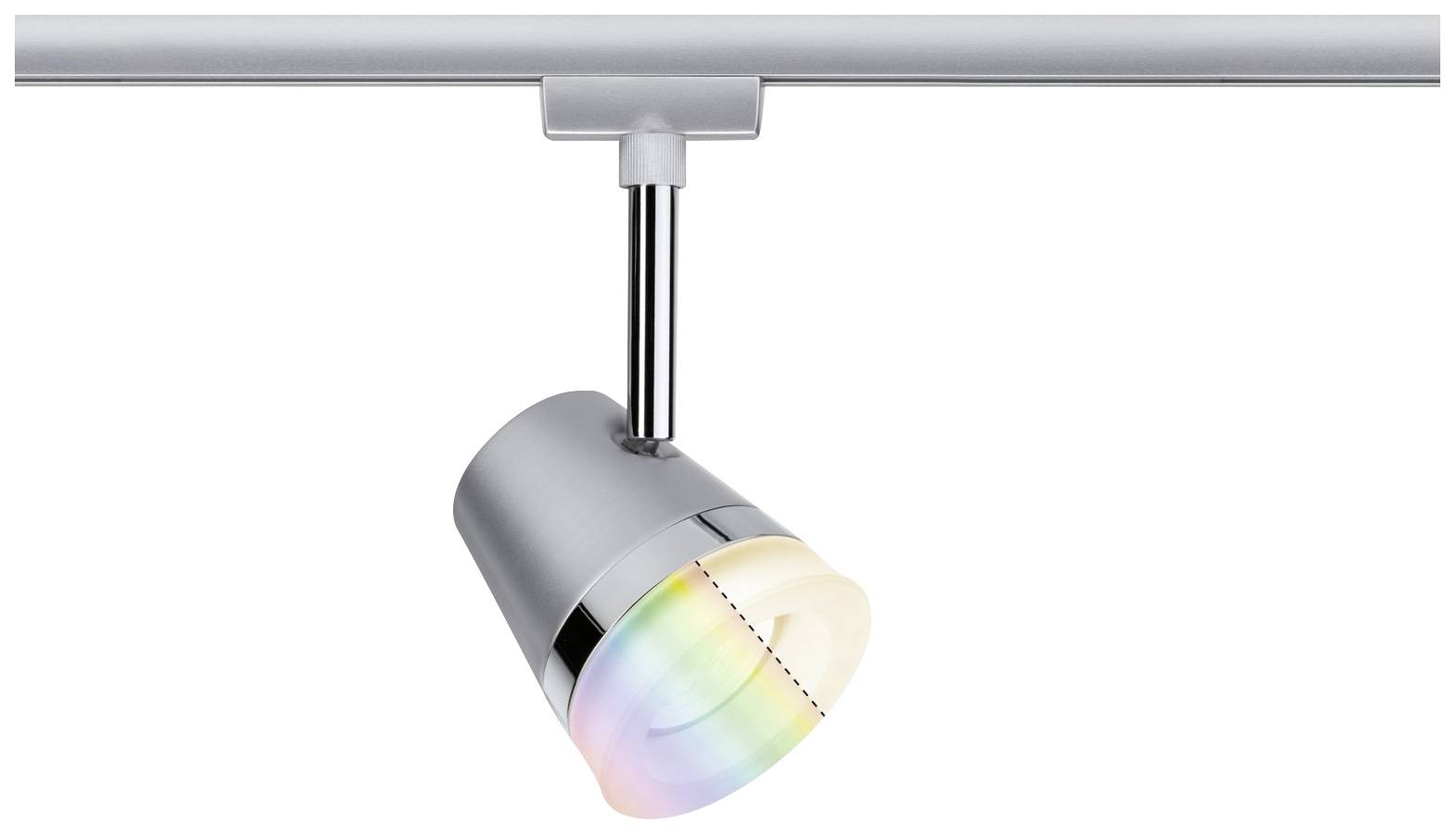 Een plafondspot met een kantelbare kop die in regenboogkleuren oplicht, gemonteerd op een zilveren railsysteem.