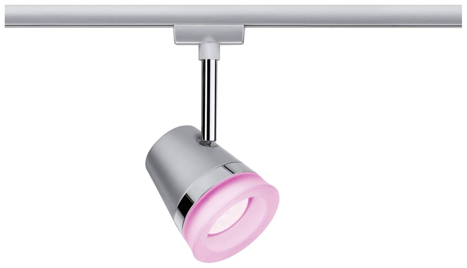 Zilveren plafondspot met roze verlichte ring, gemonteerd op een rail. Modern design voor binnenverlichting.