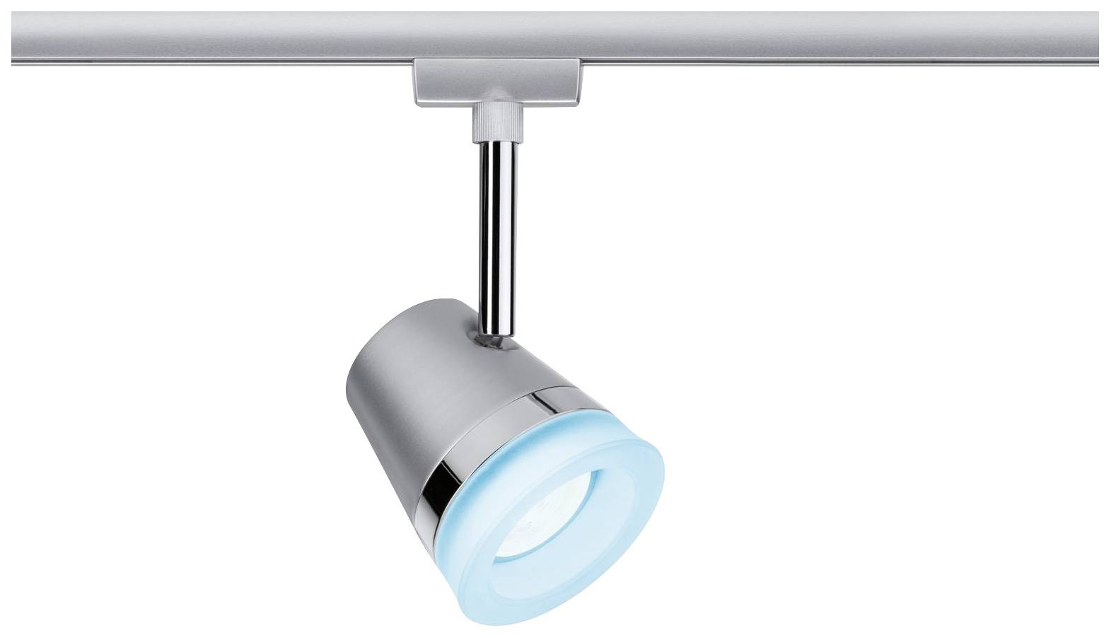 Zilveren armatuur aan een rail, met een oplichtende, blauwe ring aan de lampkop. Modern design voor geaccentueerde verlichting.