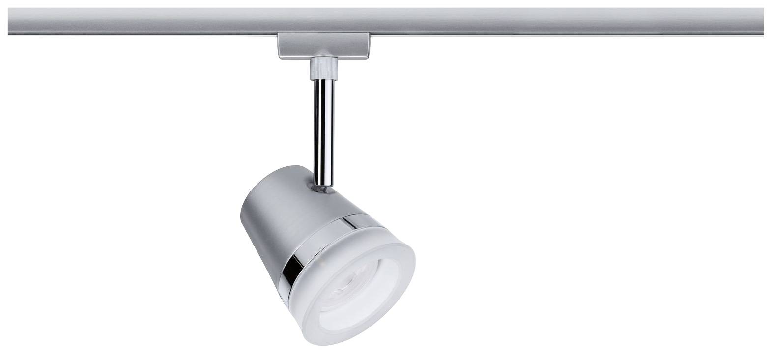Een zilveren spot is gemonteerd aan een plafondlijst. De spot is cilindrisch en kan in verschillende richtingen worden gedraaid.
