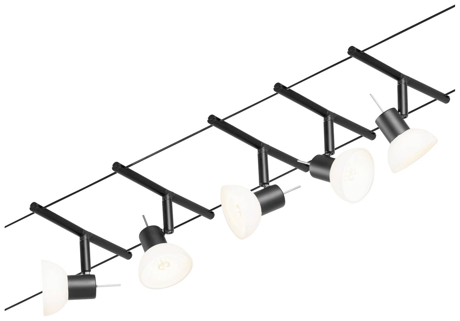 Een moderne, zwarte plafondlamp met vijf verstelbare, schaelvormige lampen die gemonteerd zijn op een rail.