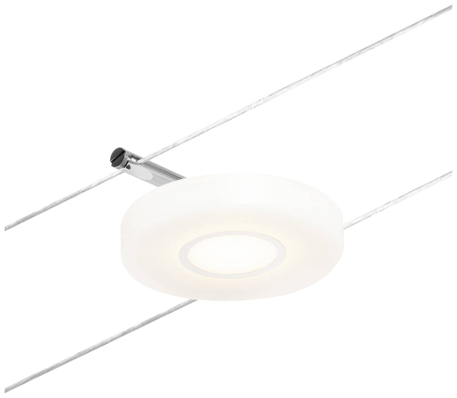 Een moderne, witte inbouwplafondlamp met een ronde vorm, gemonteerd aan een metalen steun. Hij verspreidt diffuus licht.