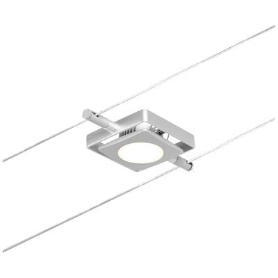 Een vierkante LED-schijnwerper is gemonteerd aan twee parallelle draden en biedt een moderne verlichtingsoplossing.