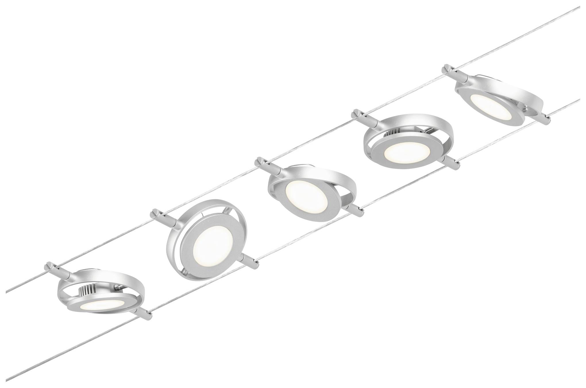 Zilveren LED-plafondlamp met vijf ronde, verstelbare spots op een slanke, moderne rail voor gelijkmatige ruimteverlichting.