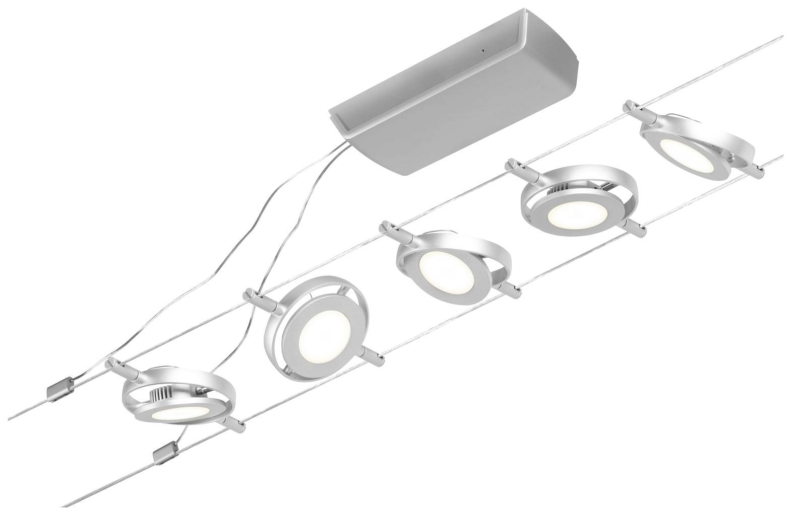 Moderne zilveren plafondlamp met vijf verstelbare ronde LED-spots aan kabels. Ideaal voor gelijkmatige ruimteverlichting.