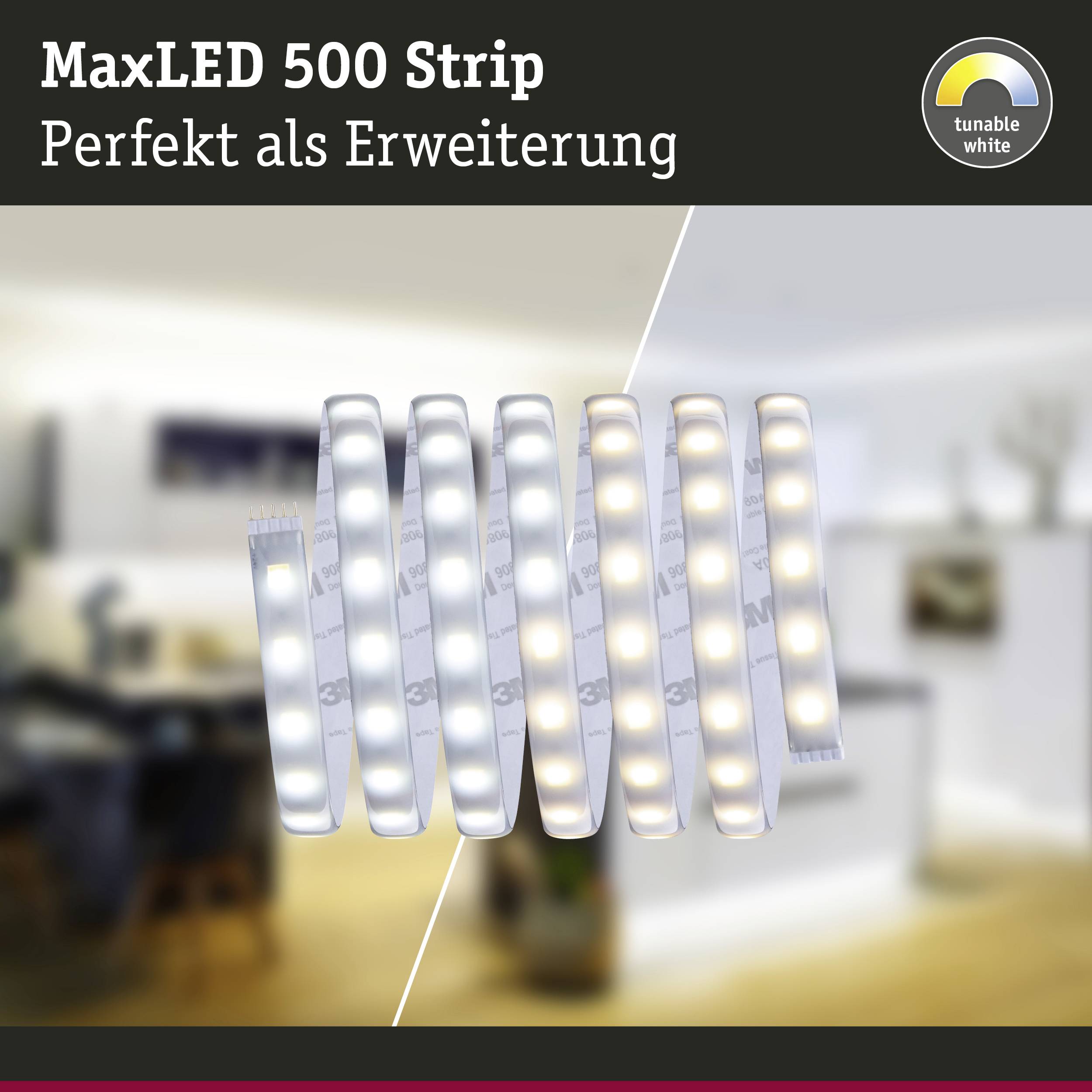Lichtstrip 'MaxLED 500 Strip' met warm en koud wit licht. Tekst 'Perfect als uitbreiding'. Abstracte achtergrond.