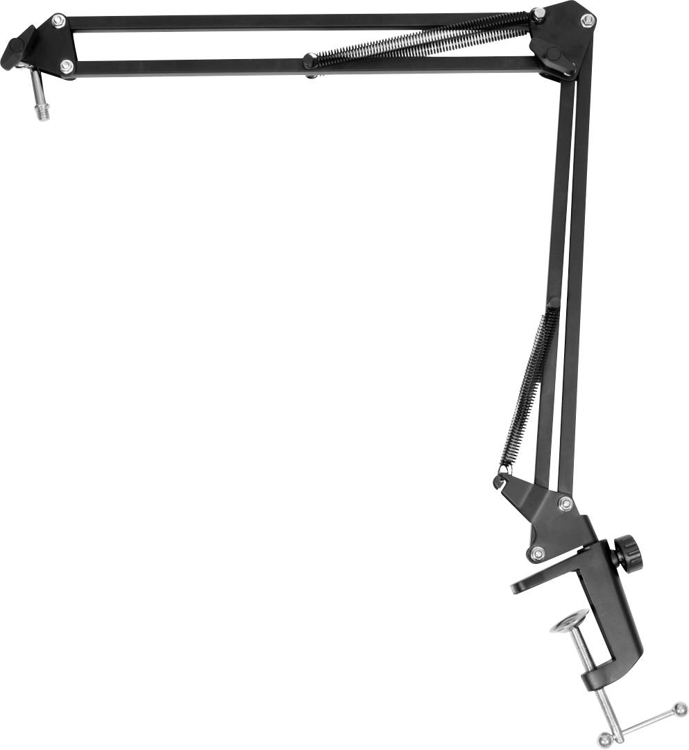 Microfoonstandaard met verstelbare metalen zwenkarm, gemonteerd op een tafel. Ideaal voor podcasts of studio-opnames.